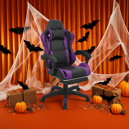 MoNiBloom Chaise de bureau gaming en cuir avec dossier haut et appui-tête, support lombaire, pivotante à 360°, repose-pieds ergonomique réglable, pour adultes et adolescents, à domicile ou au bureau, violet